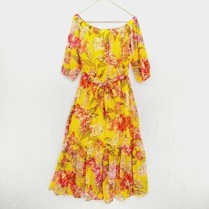 Harlow & Rose Yellow & Red Half Sleeve Boat Neck Tie Flared Midi Dress 5543